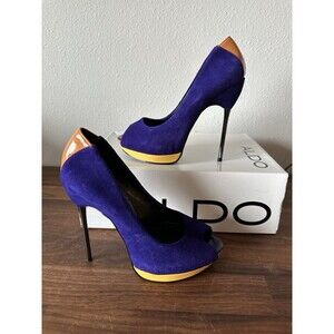 Aldo Deltoro Cobalt Blue Heels Size 6 US 36 Spike Heel Peep Toe Platform Yellow